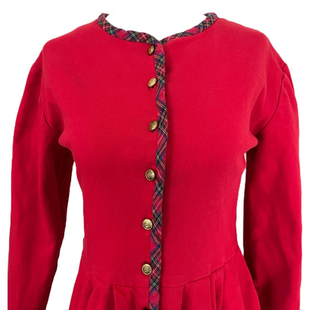 🚫Sold🚫 80s Does 40s Talbots Dress M – Red, Plaid Trim, Gold Buttons, Preppy - Picture 2 of 10